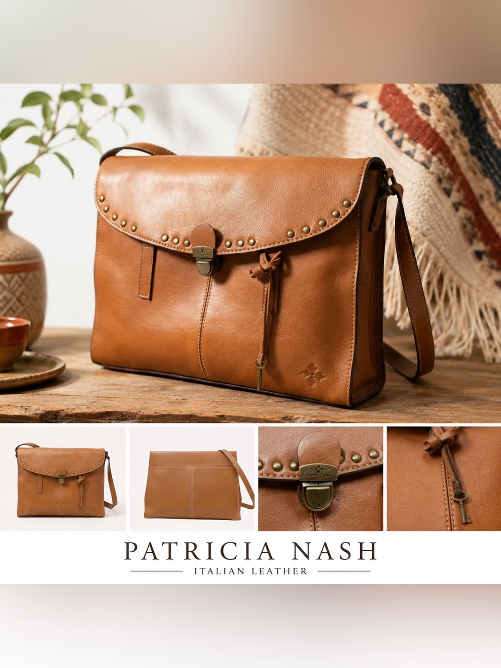 Patricia Nash Verbania Leather  Satchel with Stud Accents in Light cognac